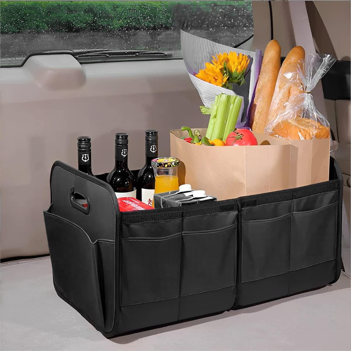 IZEYNO Car Trunk Organizer, Foldable Cargo Storage Containers, Collapsible Storage with Reinforced Handles, Removable Dividers, Large Size, Black