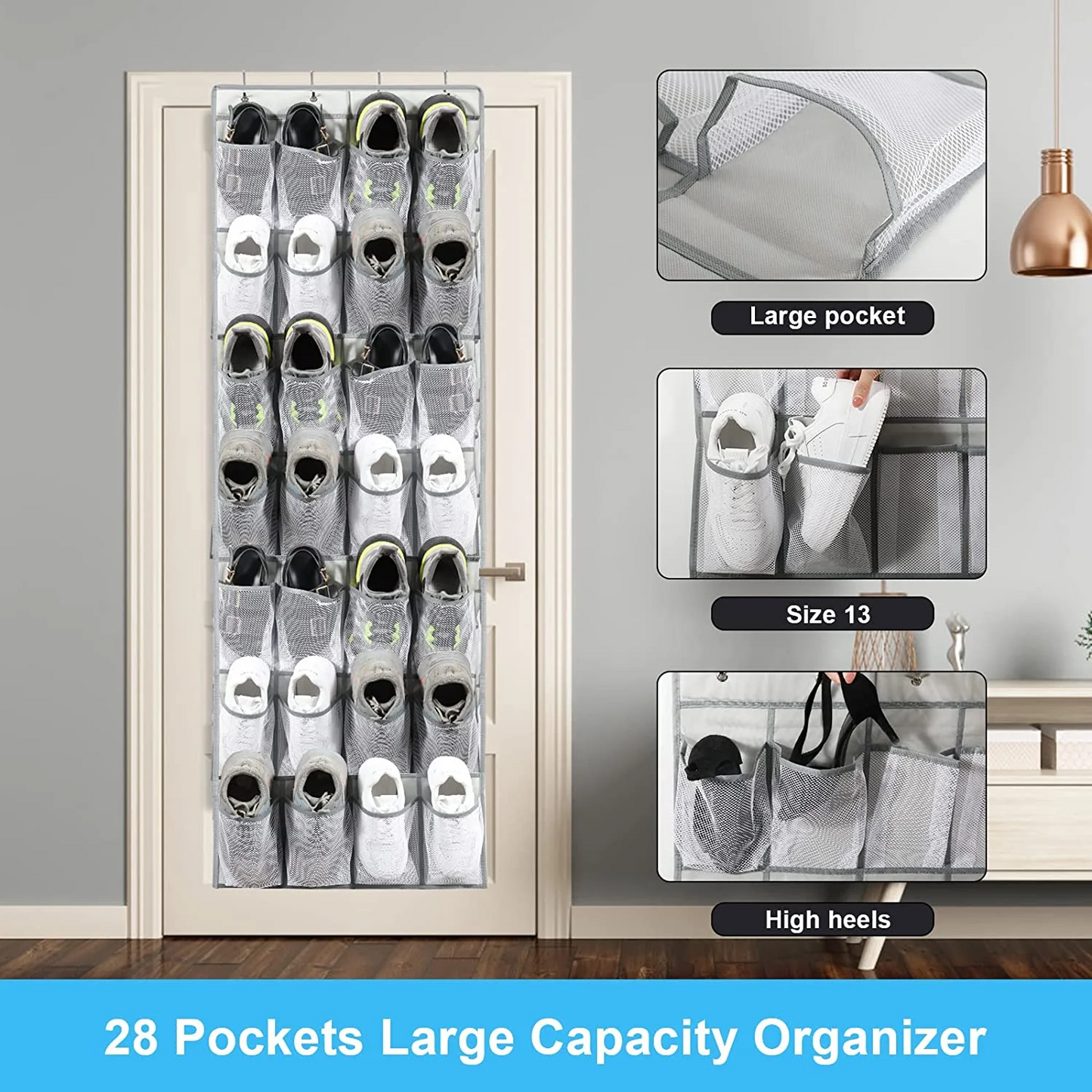 IZEYNO Over the Door Shoe Rack, 28 Large Mesh Pockets Hanging Shoe Organizer for Closet Gray