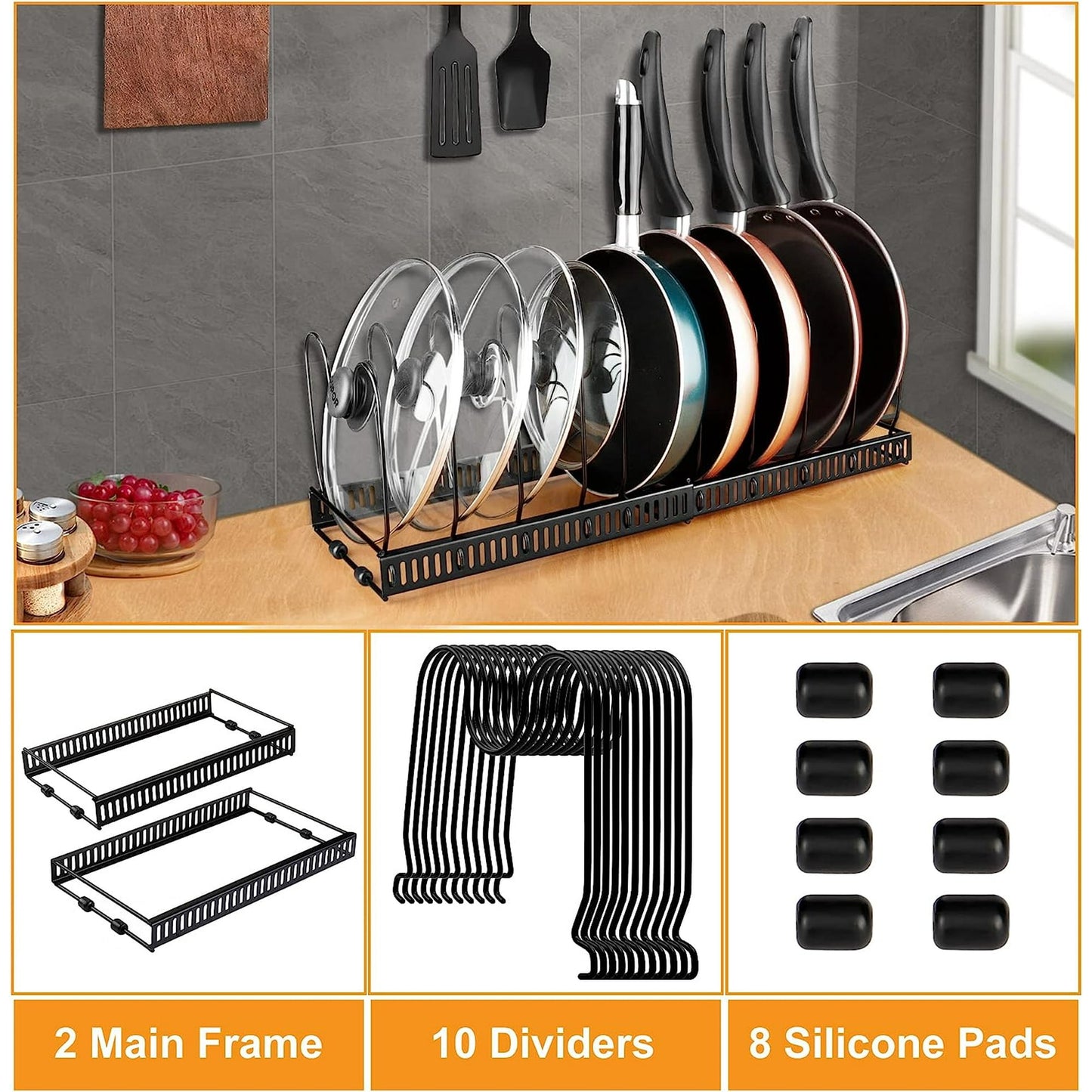 IZEYNO Pot Rack, Expandable Pan Organizer, Pot Lid Holder with 10 Adjustable Compartment for Kitchen Cabinet Cookware