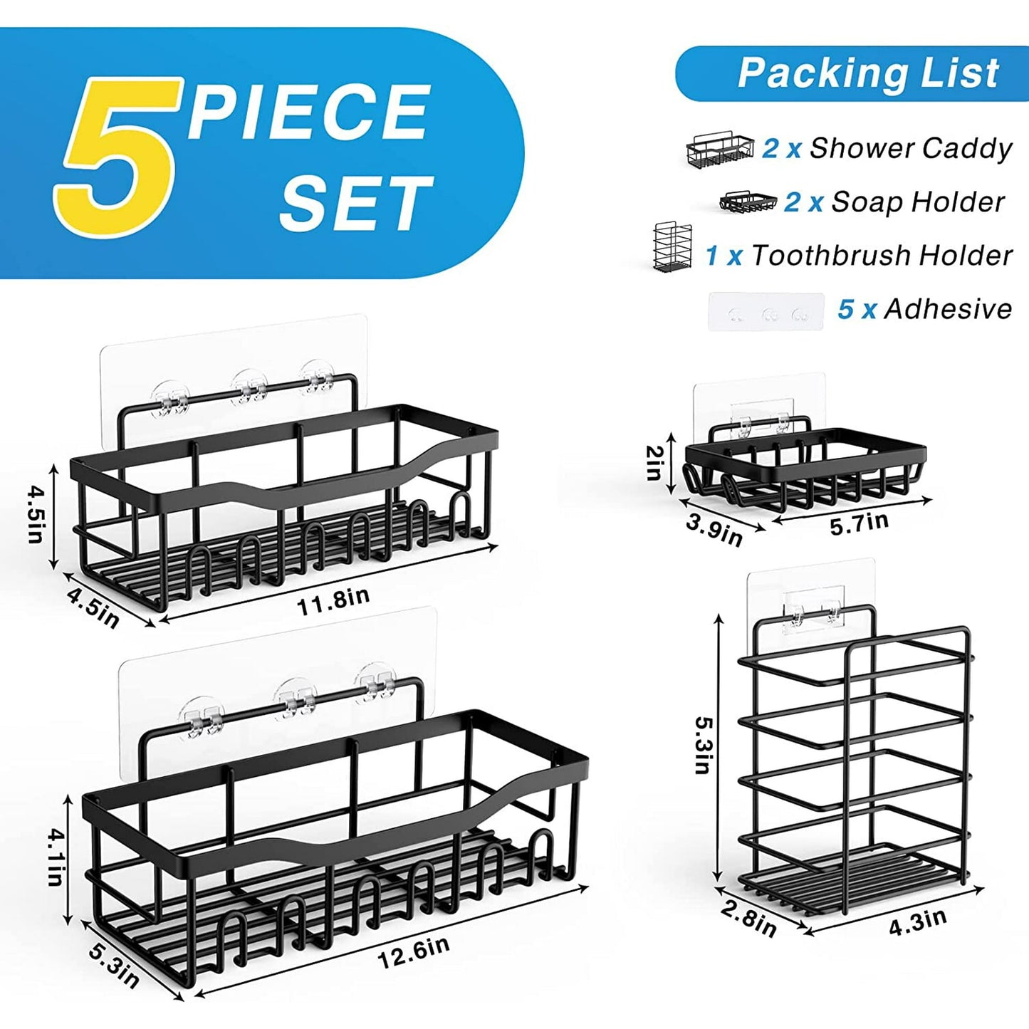 Shower Caddy 5 Pack, Adhesive Shower Organizer for Bathroom Storage, No Drilling, Large Capacity, Rustproof Stainless Steel Shower Shelves for Inside Shower