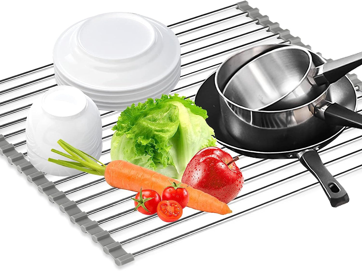 IZEYNO Roll Up Dish Drying Rack, Over The Sink Foldable Stainless Steel Drainer Rack Kitchen Mat for Cups Fruits Vegetables (17.7''x 13.7'')