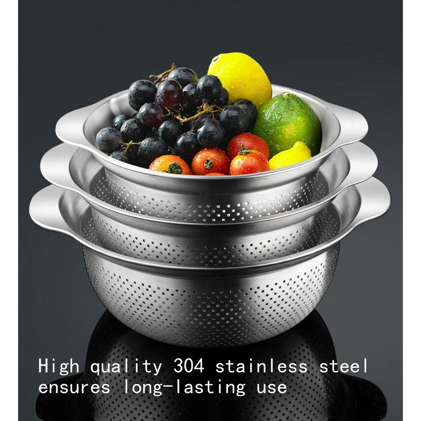 IZEYNO 1 Pack Stainless Steel Colander Bowl with Reinforced Handle, 5 Quart Micro-Perforated Strainer Basket, Large Capacity Rice Rinser, Fruit Washer