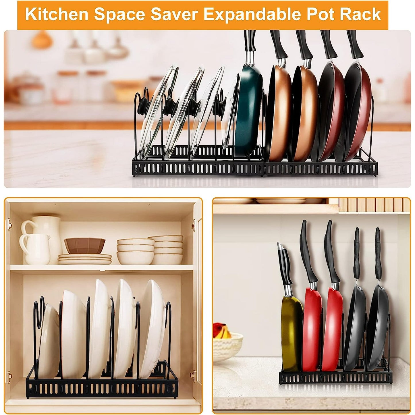 IZEYNO Pot Rack, Expandable Pan Organizer, Pot Lid Holder with 10 Adjustable Compartment for Kitchen Cabinet Cookware