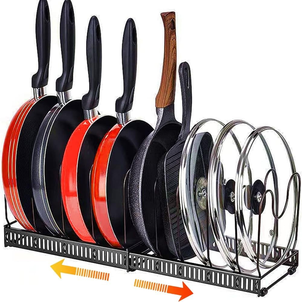 IZEYNO Pot Rack, Expandable Pan Organizer, Pot Lid Holder with 10 Adjustable Compartment for Kitchen Cabinet Cookware