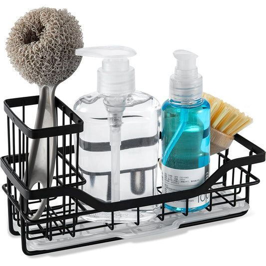 IZEYNO Sink Caddy Kitchen Organizer, Multifunctional Anti-Rust Sponge Holder with Drain Tray for Sink, Stainless Steel Sink Rack, Black