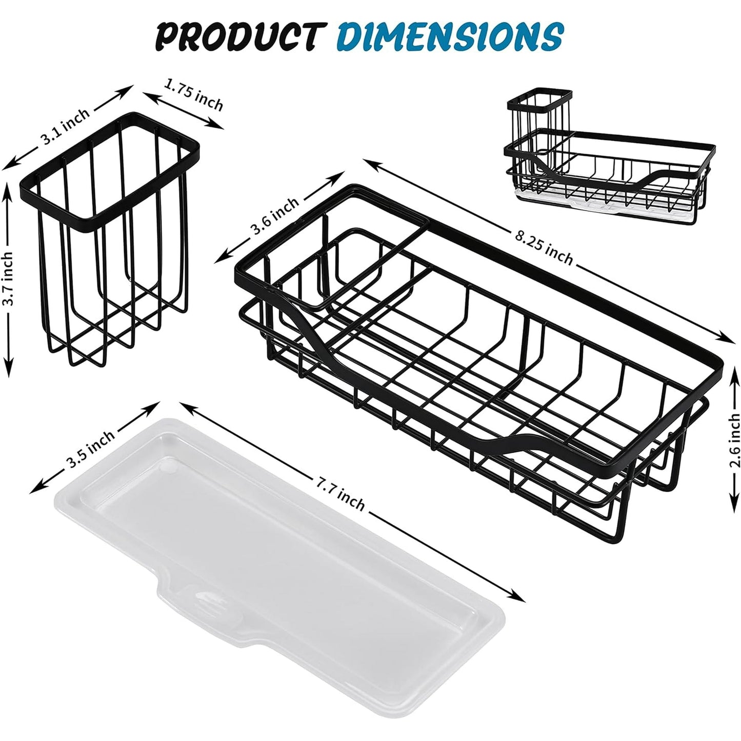 IZEYNO Sink Caddy Kitchen Organizer, Multifunctional Anti-Rust Sponge Holder with Drain Tray for Sink, Stainless Steel Sink Rack, Black