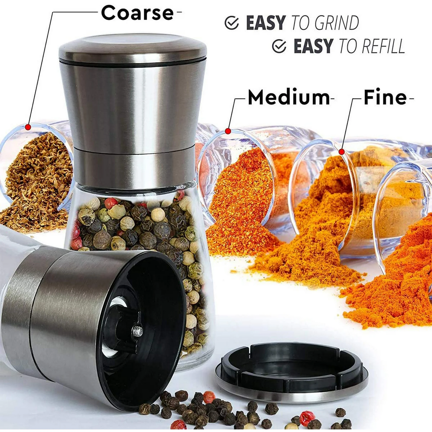 IZEYNO Salt and Pepper Grinder Set of 2, Premium Stainless Steel Spice Mill with Adjustable Coarseness