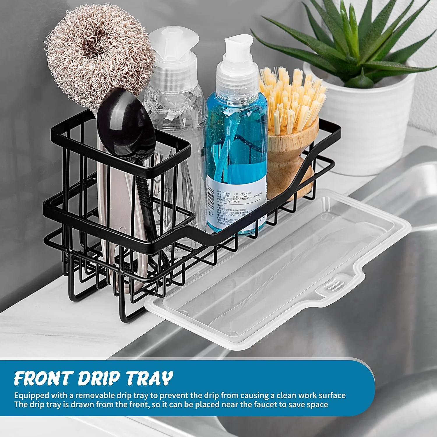 IZEYNO Sink Caddy Kitchen Organizer Multifunctional Anti-Rust Sponge Holder with Drain Tray for Sink Stainless Steel Sink Rack Black - Image 5