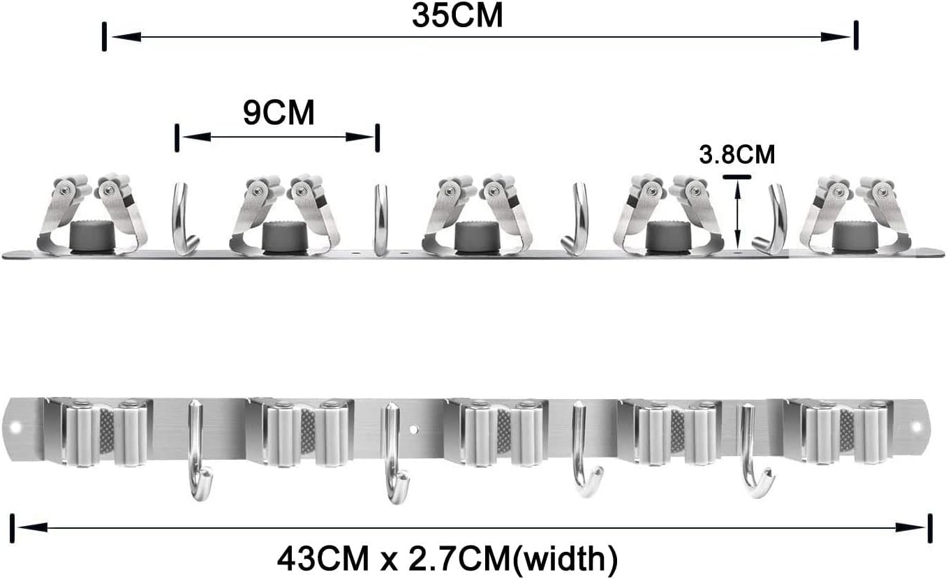 IZEYNO Mop and Broom Holder Wall Mount, 5 Racks 4 Hooks Stainless Steel Organization Hanger for Home Kitchen Garden Laundry Garage - Image 2