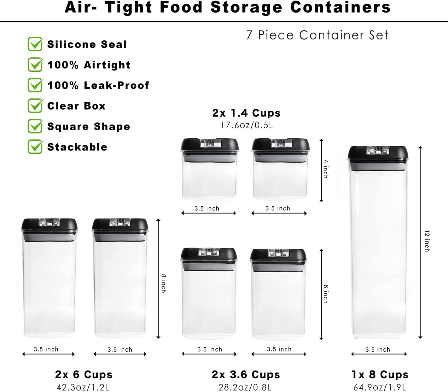 IZEYNO Airtight Food Storage Containers Set of 7, BPA Free Plastic Kitchen Pantry Organization with Easy Lock Lids Ideal for Cereal, Flour & Sugar Include Label and Marker, Black - Image 2