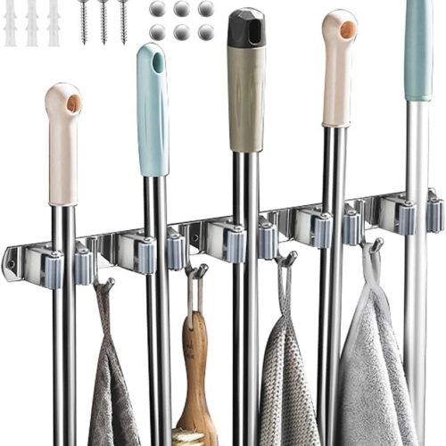 IZEYNO Mop and Broom Holder Wall Mount, 5 Racks 4 Hooks Stainless Steel Organization Hanger for Home Kitchen Garden Laundry Garage
