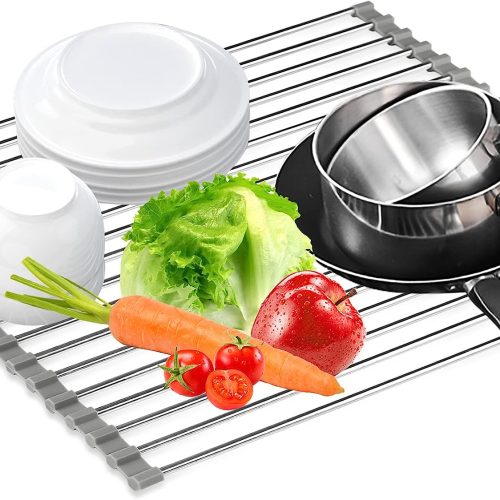 IZEYNO Roll Up Dish Drying Rack, Over The Sink Foldable Stainless Steel Drainer Rack Kitchen Mat for Cups Fruits Vegetables (17.7''x 13.7'')