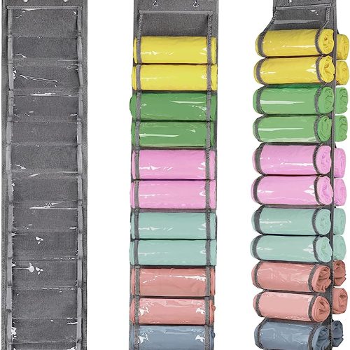 IZEYNO Legging Storage Organizer, Hanging Closet Organizer with 24 Roll Compartments for Yoga Pants, Tank Top, Towel, Underwear, Shirt, Gray