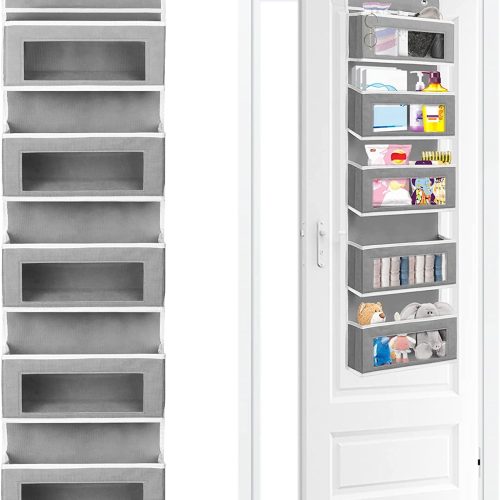 IZEYNO Over The Door Organizer with 5 Large Pockets, Behind Door Hanging Storage with Clear Window and 2 Metal Hooks for Pantry Nursery Room Closet Bathroom