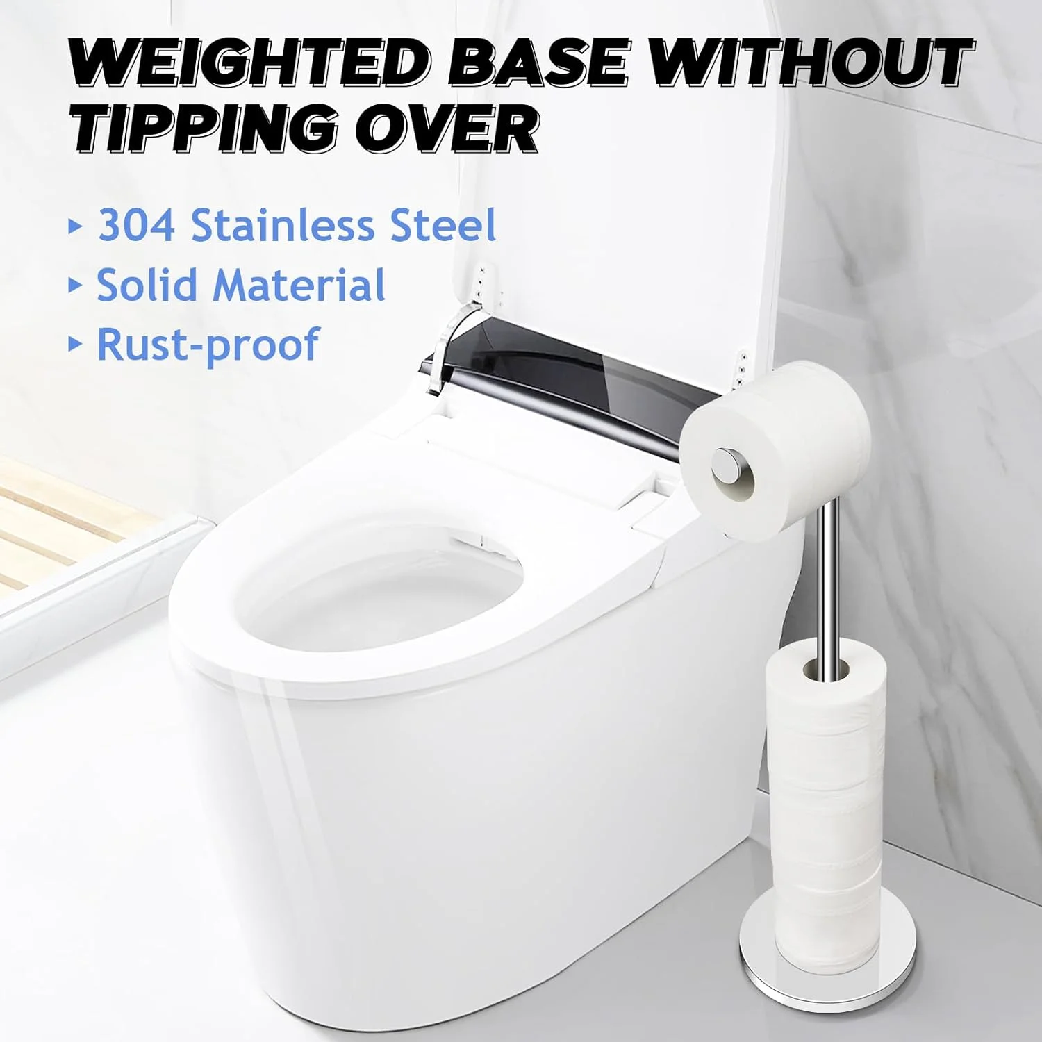 IZEYNO Toilet Paper Holder Stand, Freestanding Toilet Roll Holder, Stainless Steel Paper Storage for Bathroom - Image 5