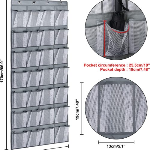 Alternative view of IZEYNO Over the Door Shoe Rack, 28 Large Mesh Pockets Hanging Shoe Organizer for Closet Gray
