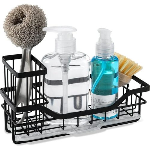 IZEYNO Sink Caddy Kitchen Organizer Multifunctional Anti-Rust Sponge Holder with Drain Tray for Sink Stainless Steel Sink Rack Black