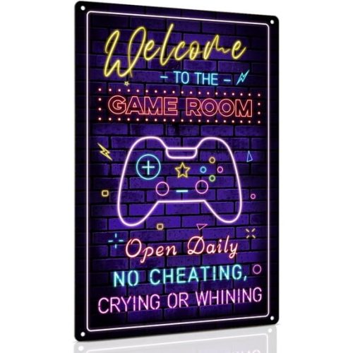 IZEYNO Welcome to the Game Room Sign, 8 x 12 Inch Printed Neon Metal Sign for Gaming Room, Gift for Boyfriend
