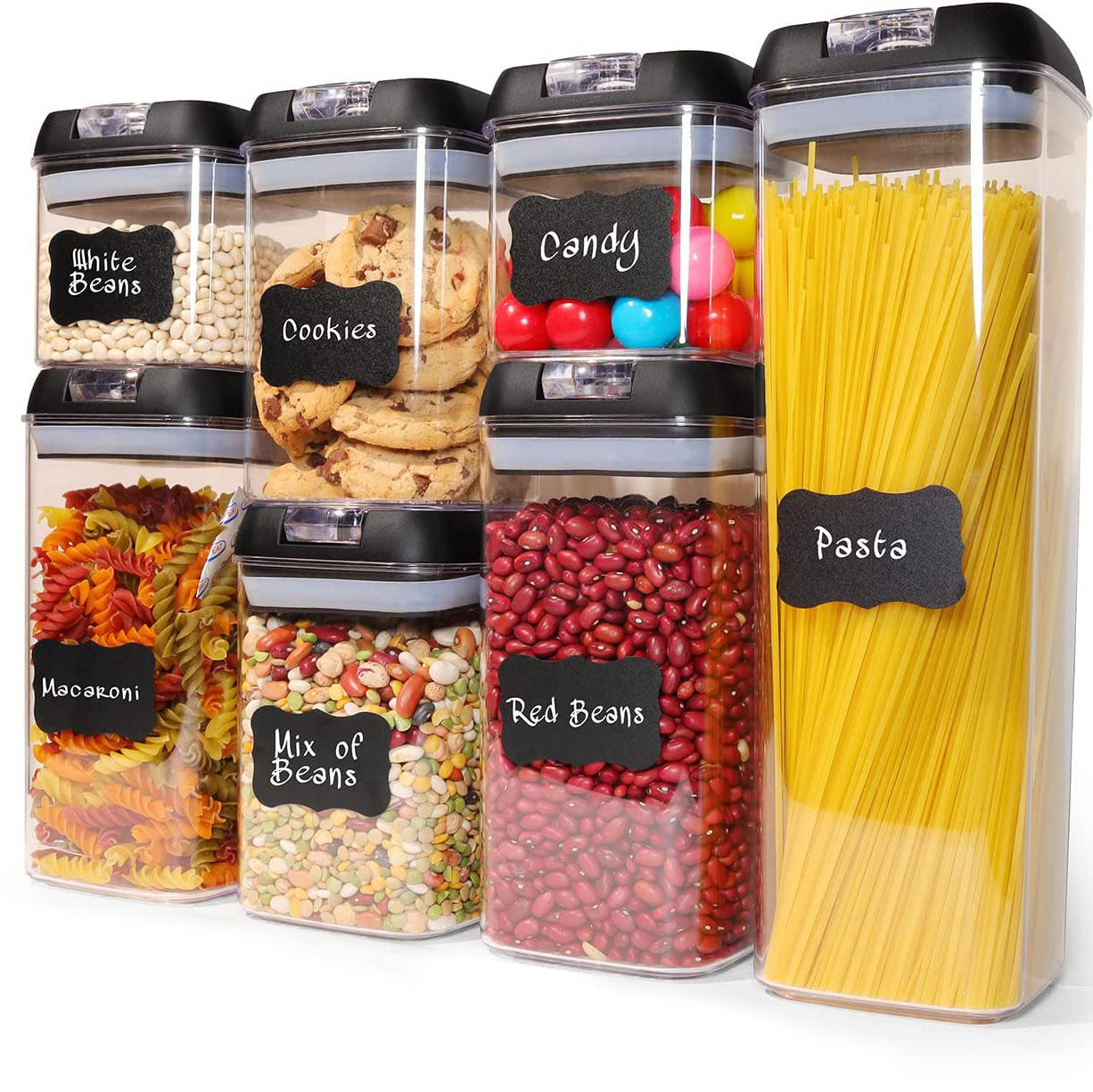IZEYNO Airtight Food Storage Containers Set of 7, BPA Free Plastic Kitchen Pantry Organization with Easy Lock Lids Ideal for Cereal, Flour & Sugar Include Label and Marker, Black